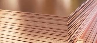 Stack of shiny copper sheets for industrial and construction use